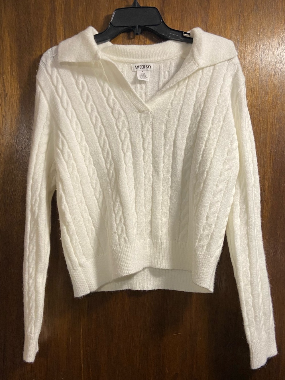 Cream Cable Knit Cropped V Neck Sweater with Polo Collar